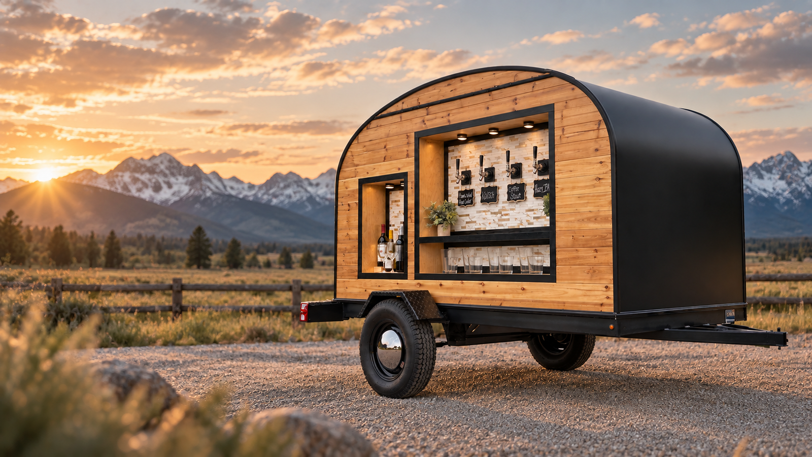 Tonic and Timber tap trailer at golden hour in front of the Colorado mountains
